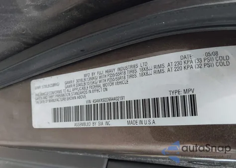 2009 Subaru Tribeca Limited 5-Passenger/Special Edition 5-Passenger z USA, uszkodzony, nr VIN 4S4WX92D994402191